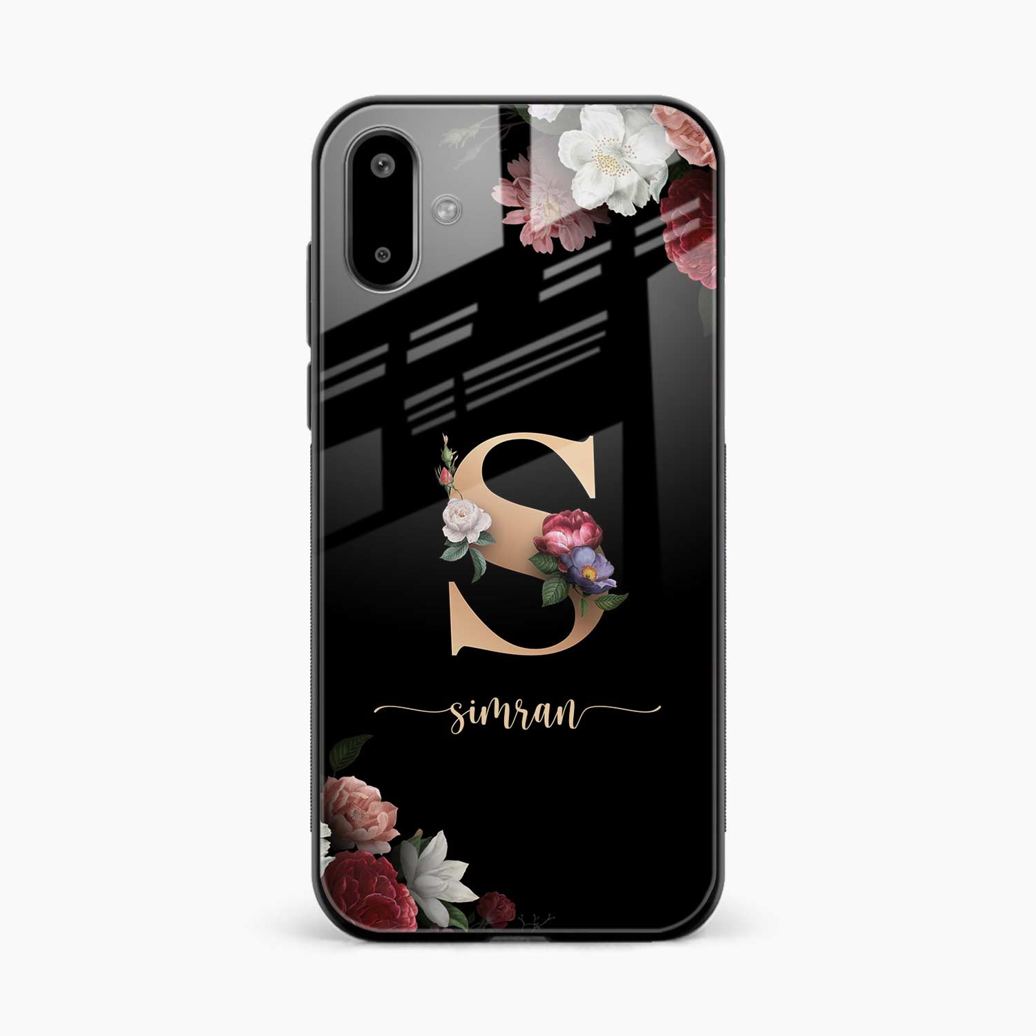 Black Floral Name Personalised Samsung F07 Back Cover