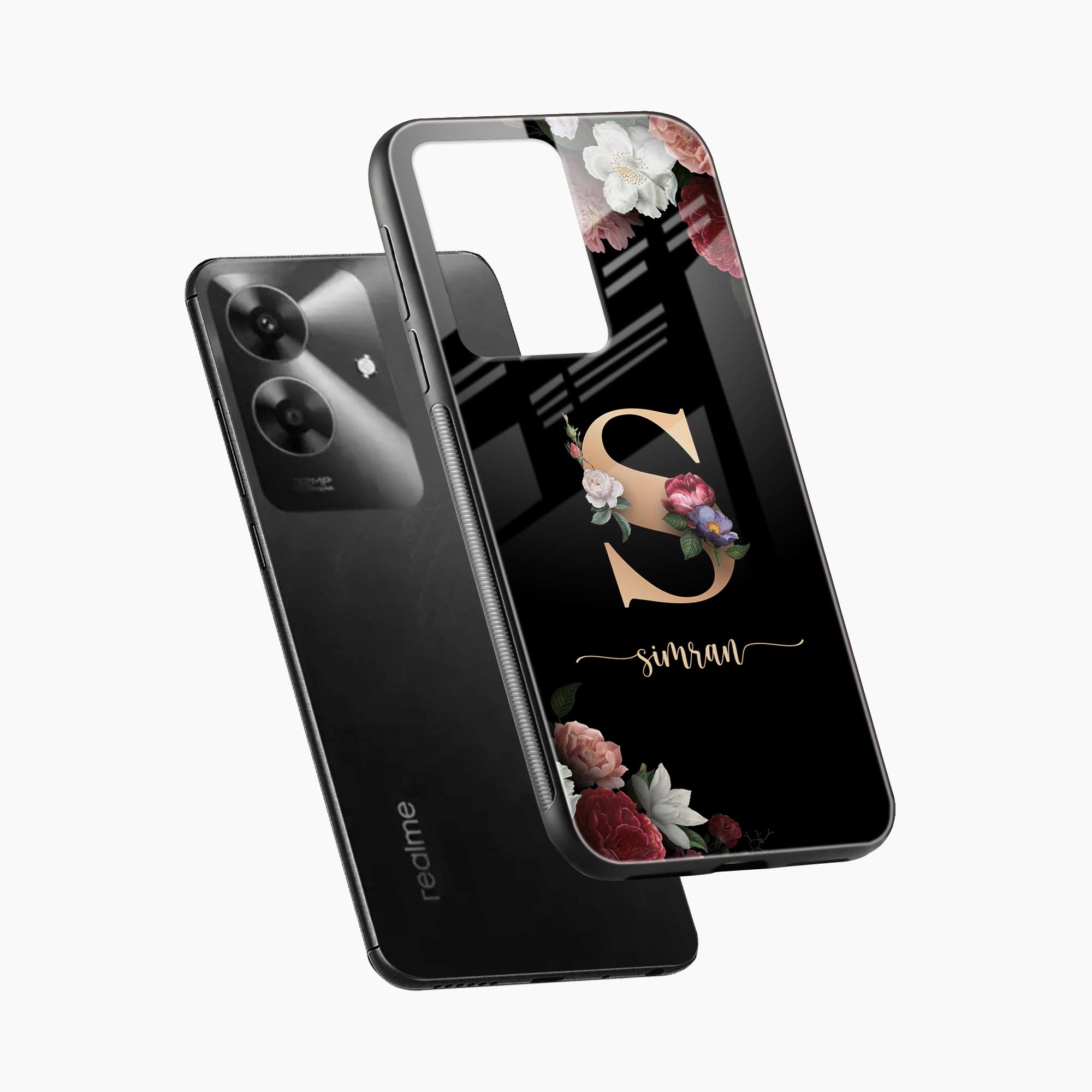 Black Floral Name Personalised Realme Narzo N61 Back Cover