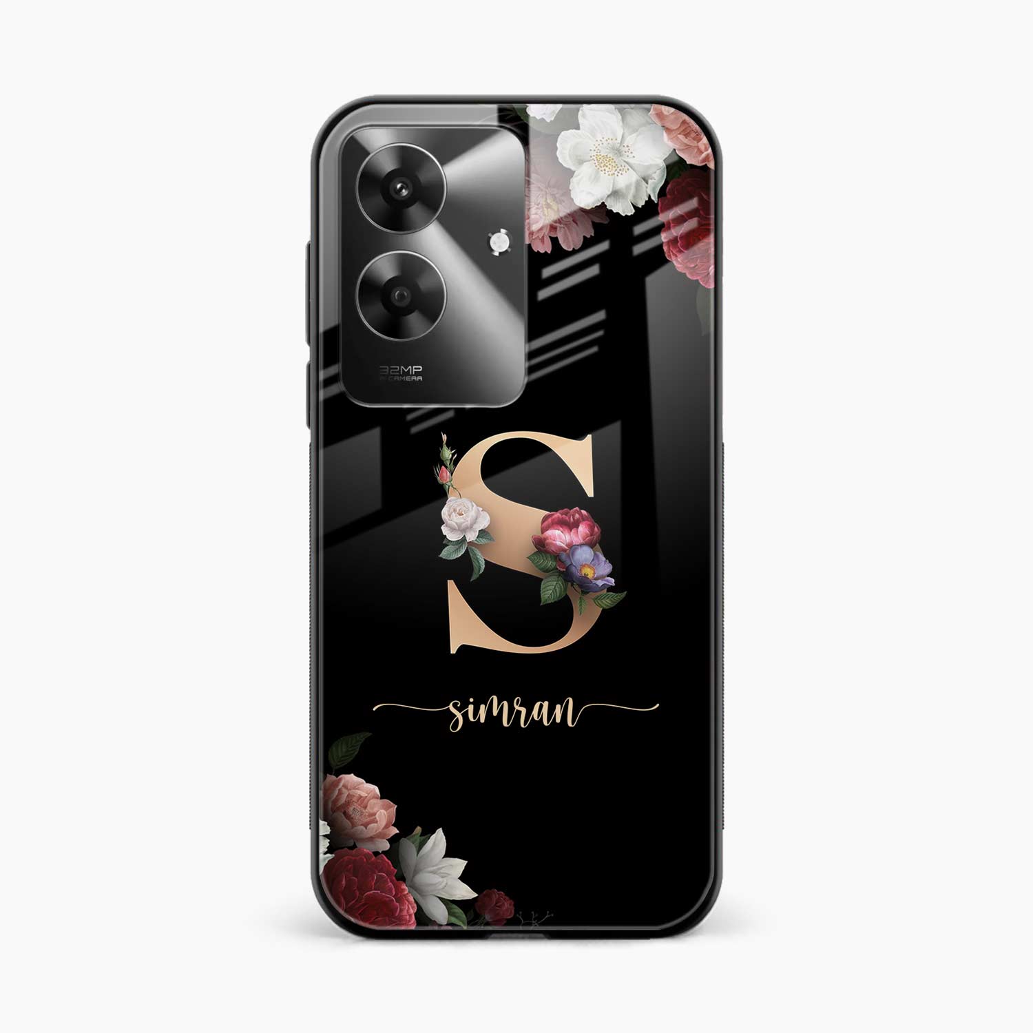 Black Floral Name Personalised Realme Narzo N61 Back Cover