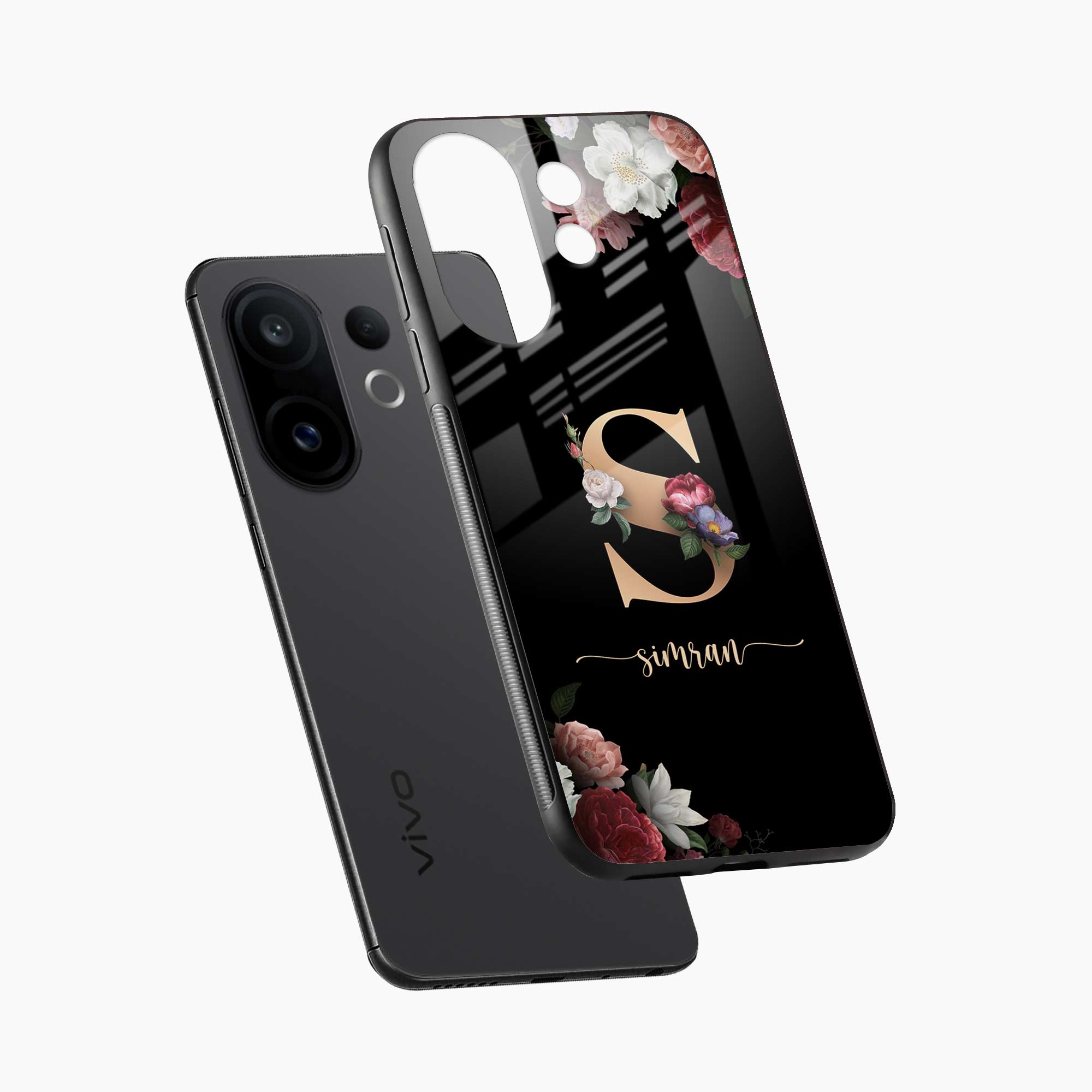 Black Floral Name Personalised Vivo V60 5G Back Cover