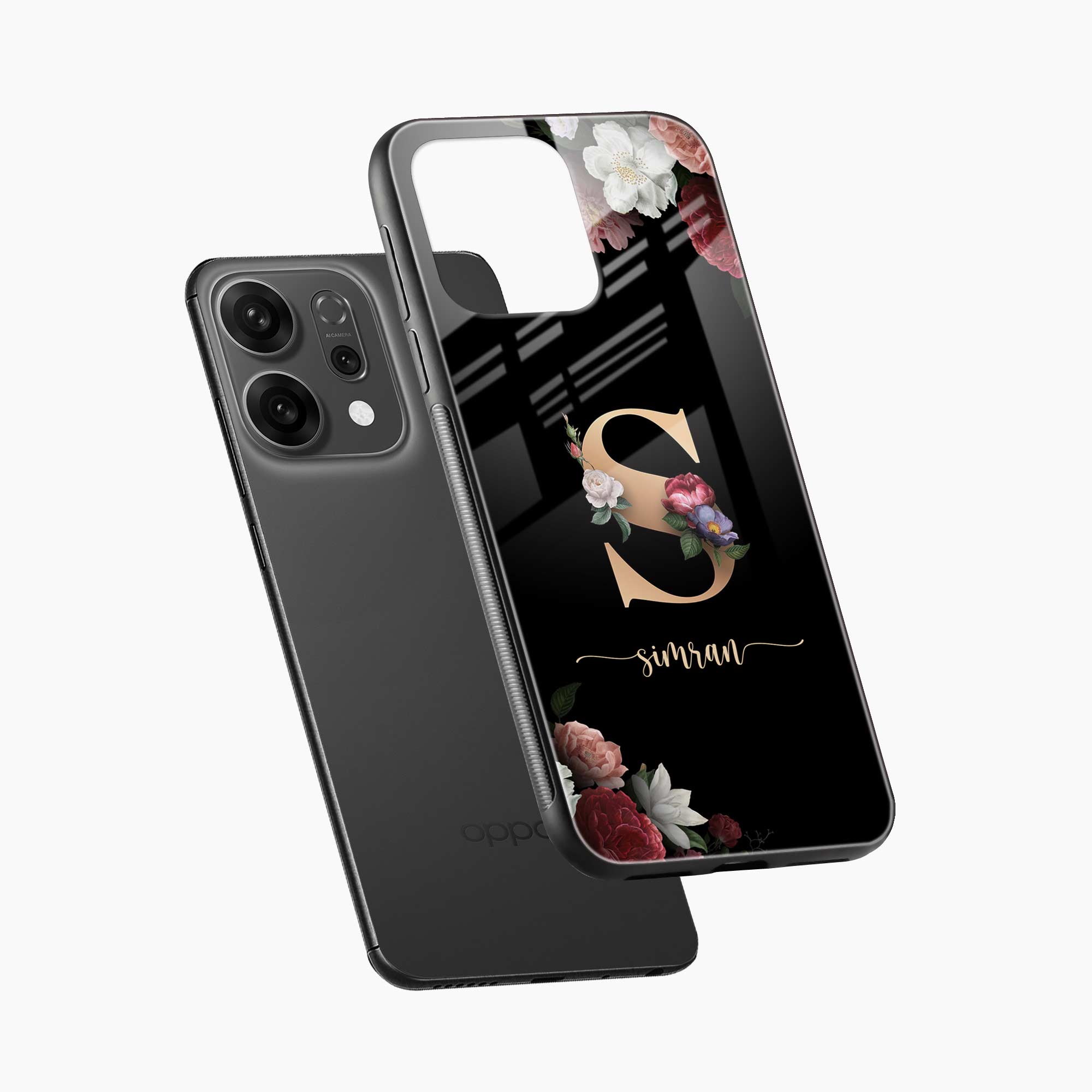 Black Floral Name Personalised Oppo Reno 14 5G Back Cover
