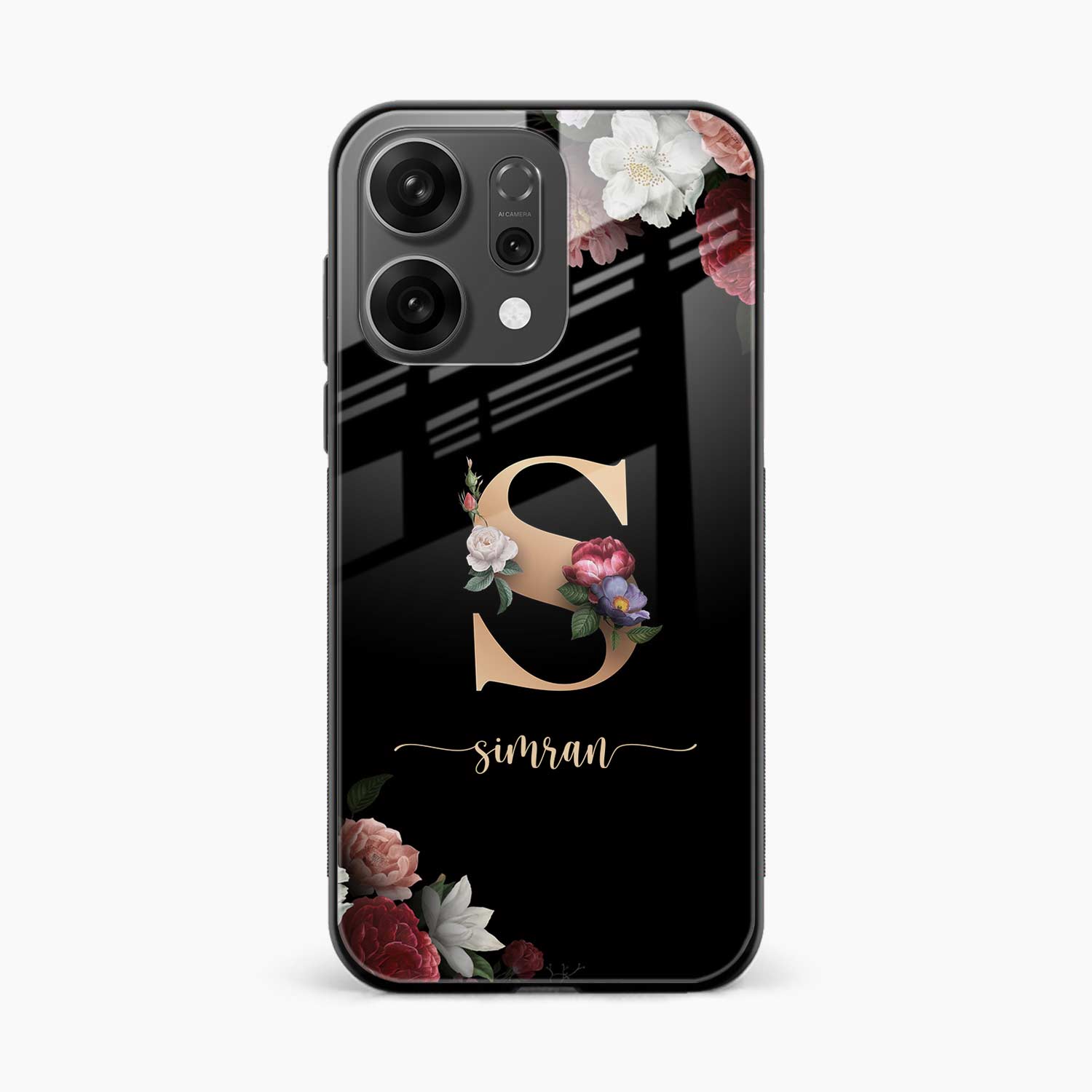 Black Floral Name Personalised Oppo Reno 14 5G Back Cover