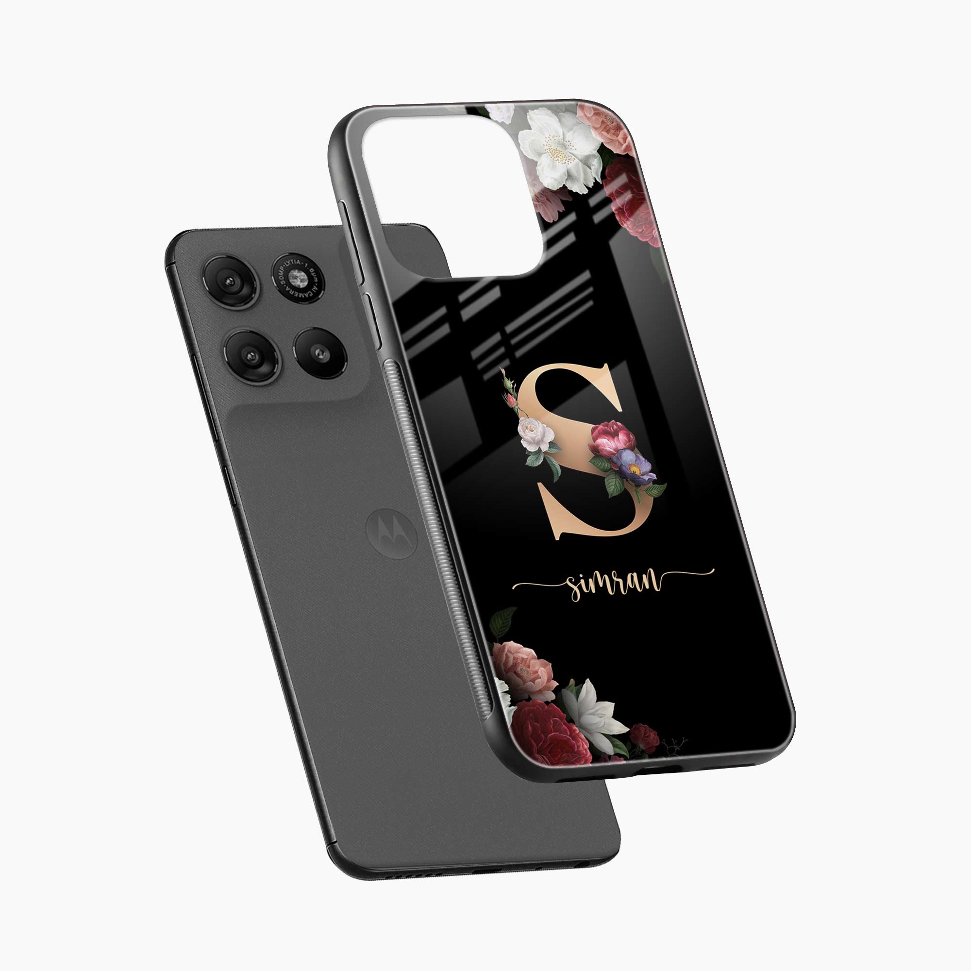 Black Floral Name Personalised Motorola G57 Power 5G Back Cover