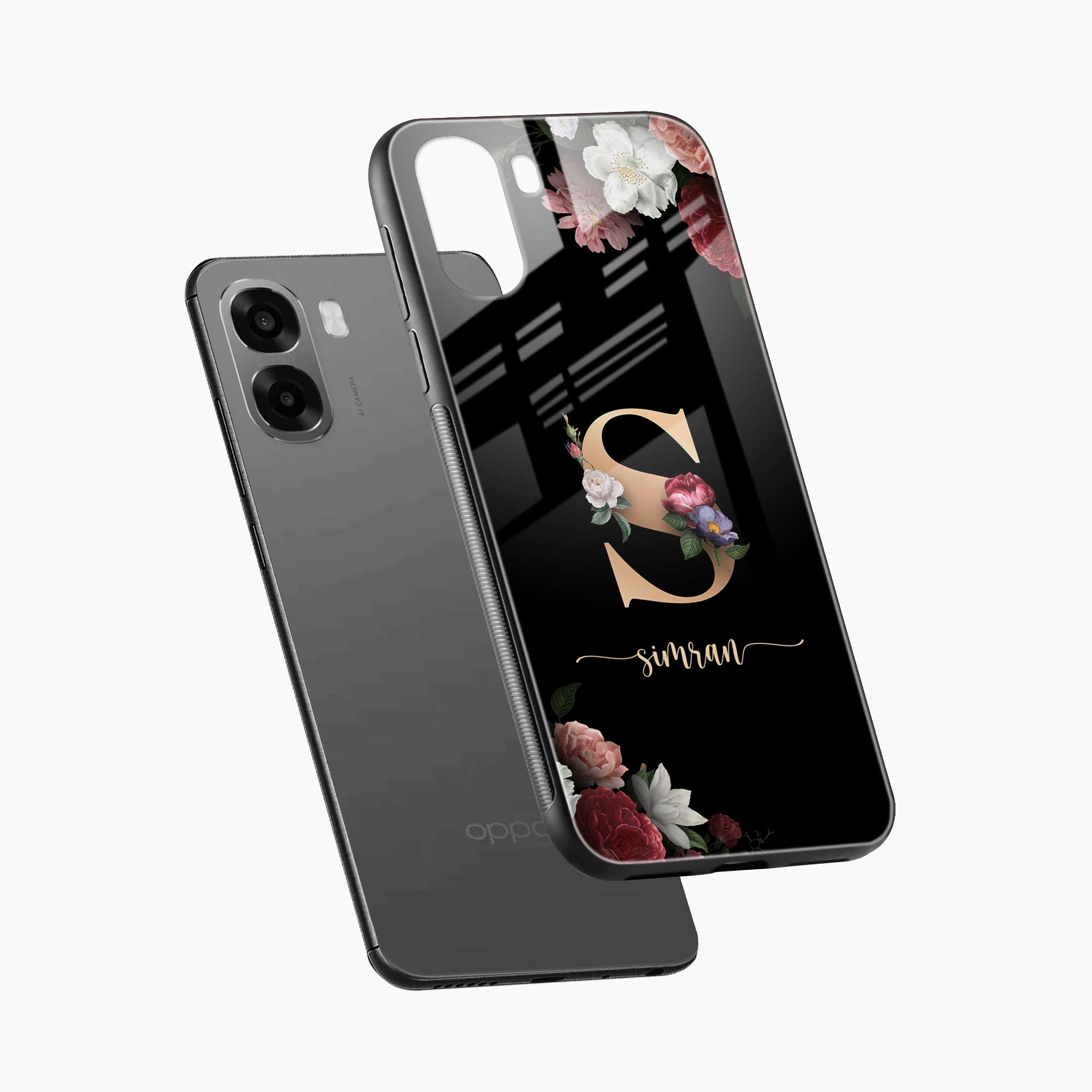 Black Floral Name Personalised Oppo A6x 5G Back Cover