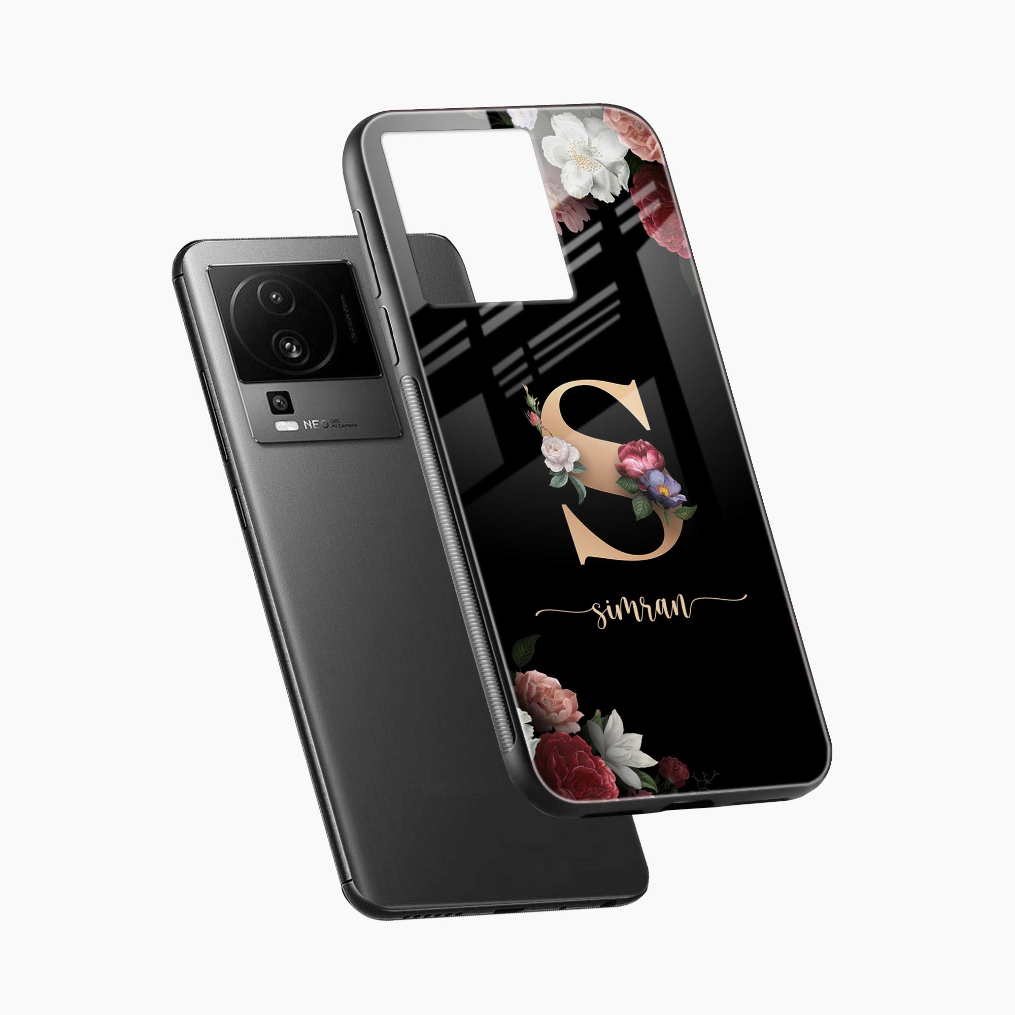 Black Floral Name Personalised Iqoo Neo 7 Pro 5G Back Cover