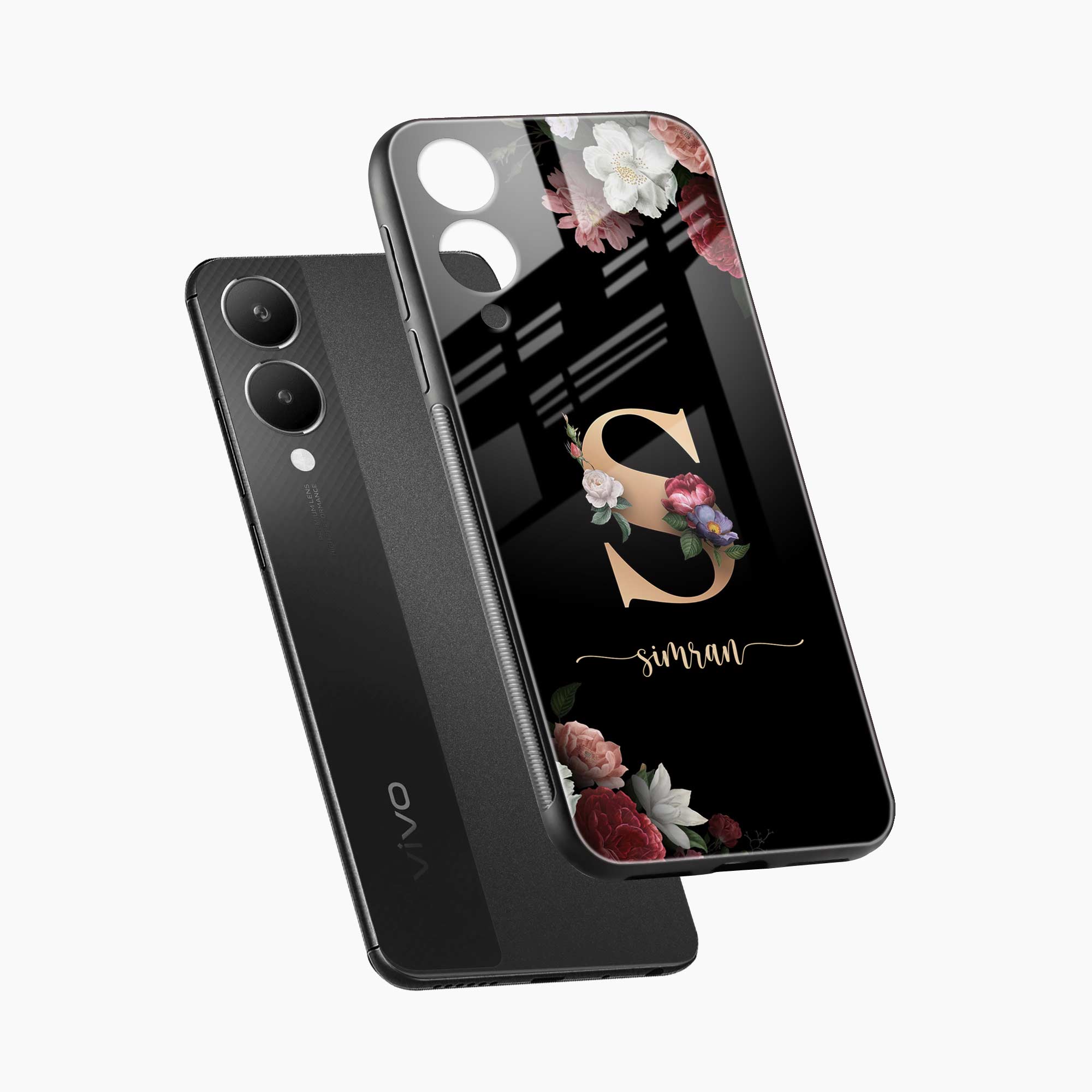 Black Floral Name Personalised Vivo Y28 5G Back Cover