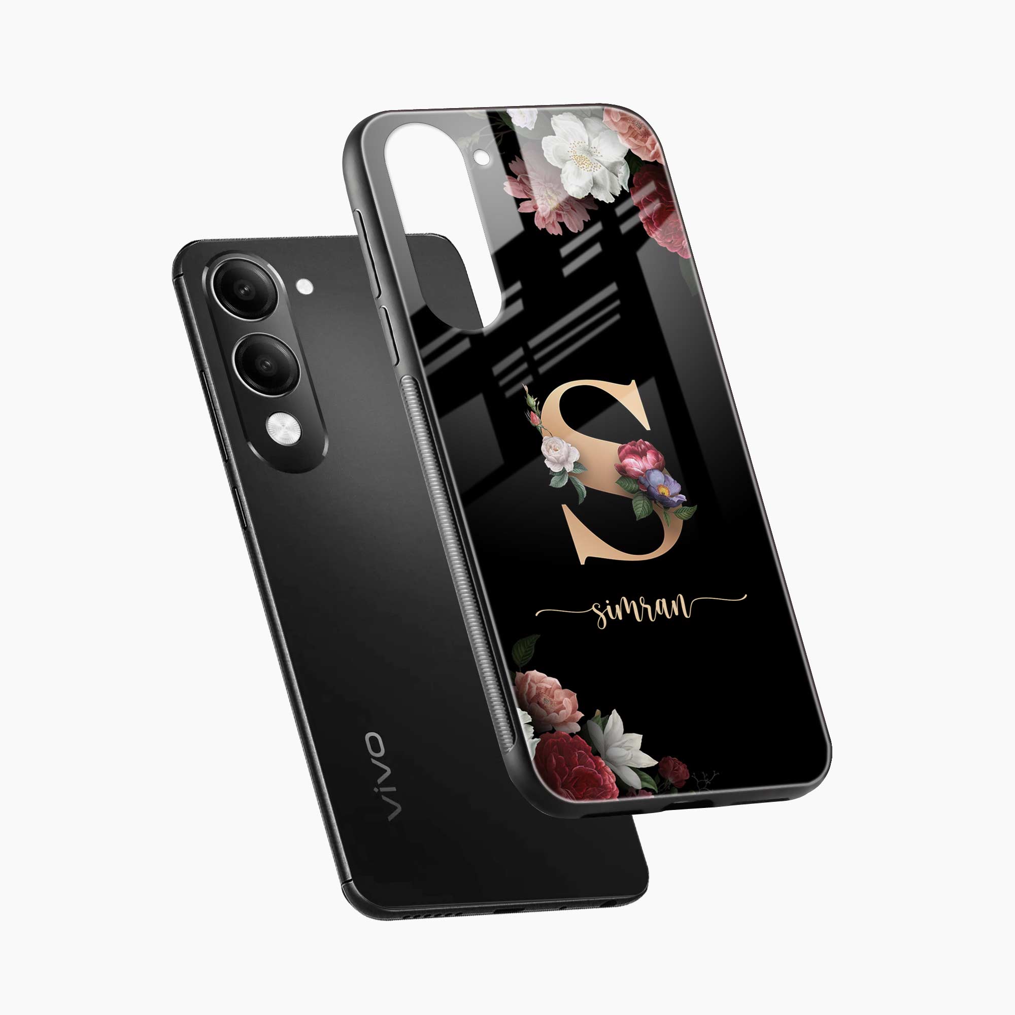 Black Floral Name Personalised Vivo Y19s 5G Back Cover