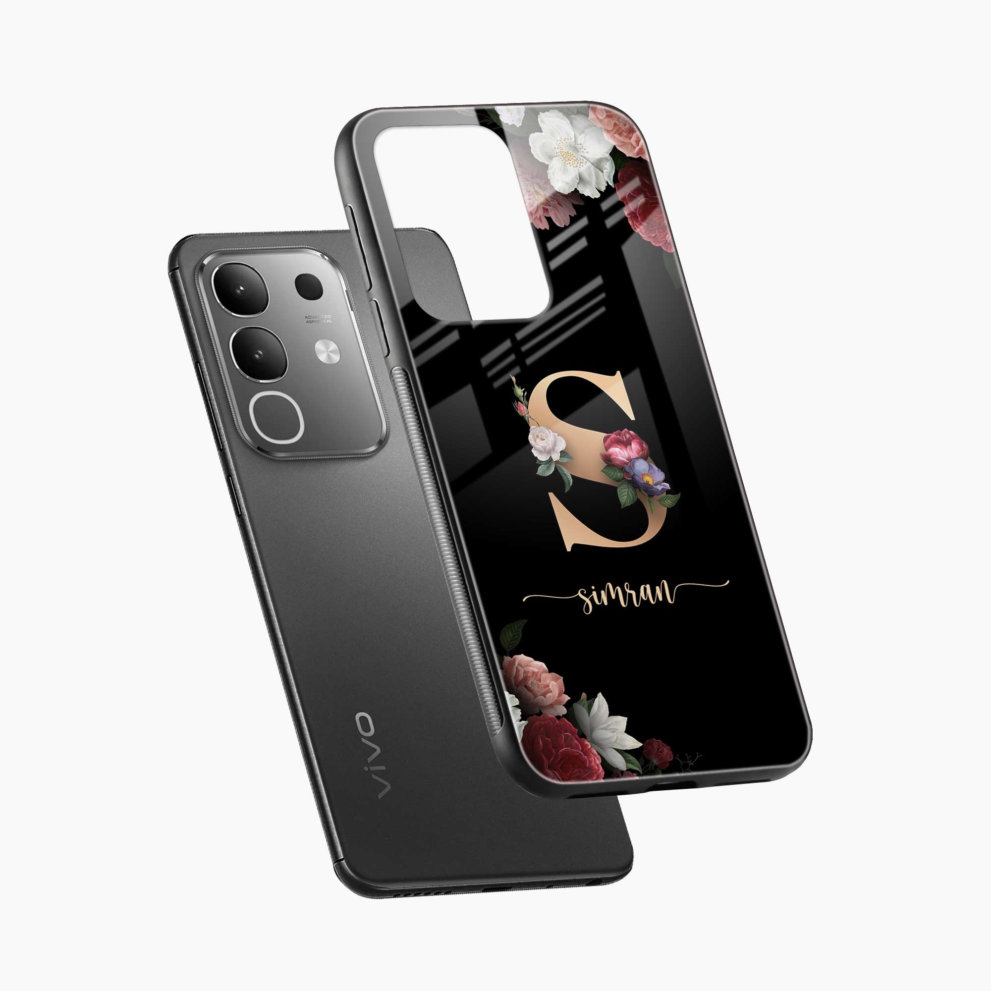 Black Floral Name Personalised Vivo Y31 Pro 5G Back Cover