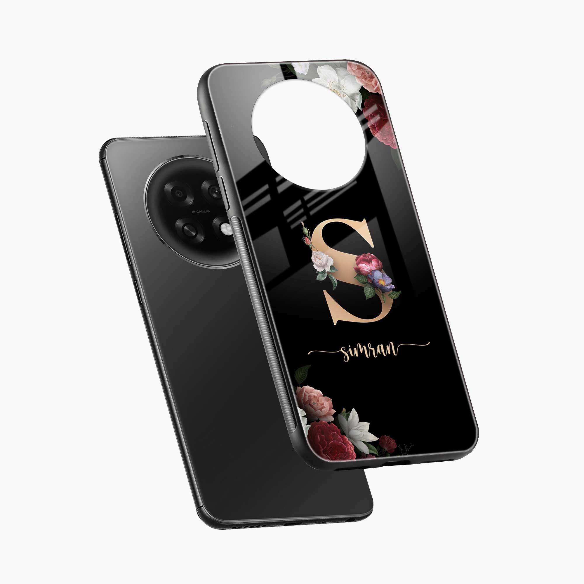 Black Floral Name Personalised Oppo F31 Pro Plus 5G Back Cover