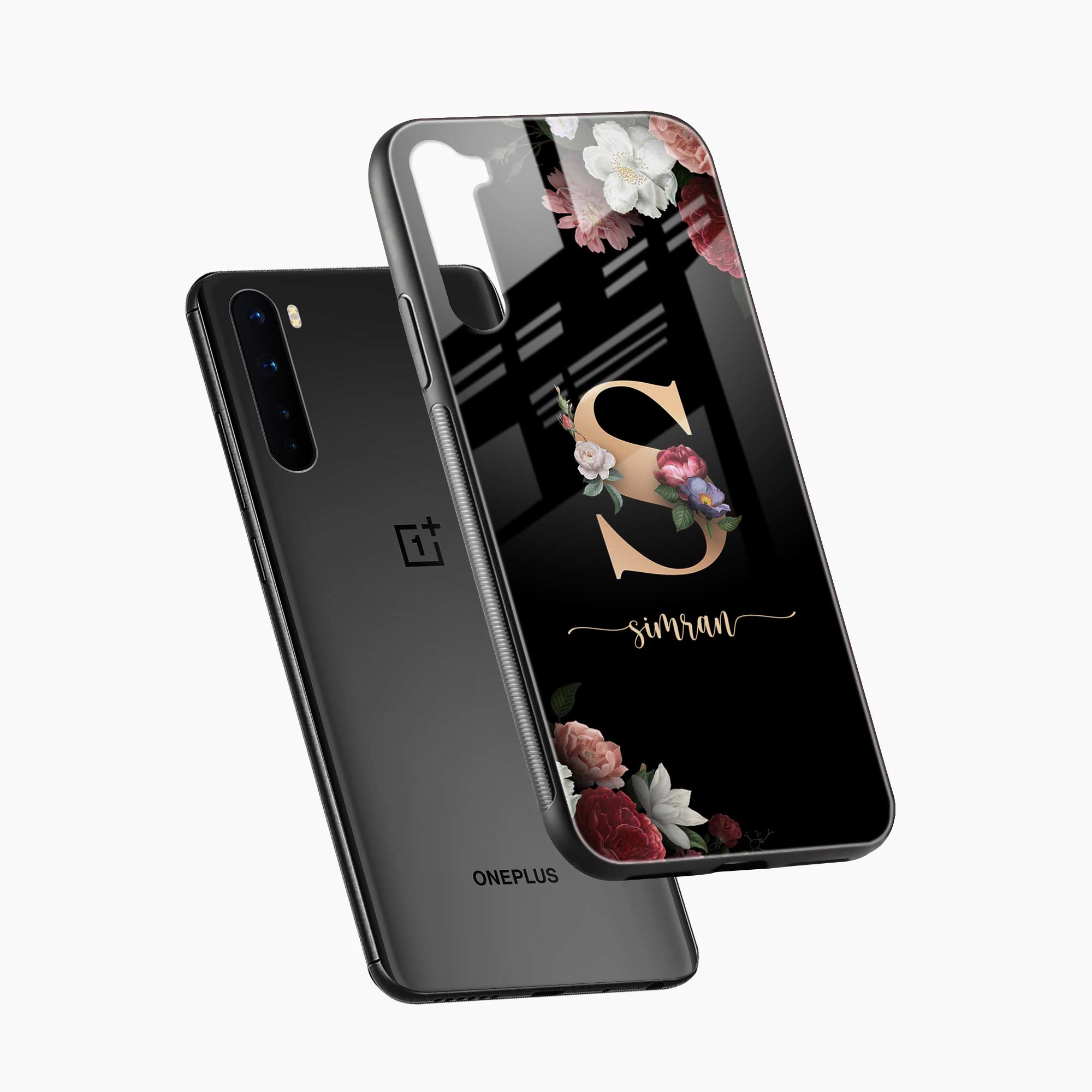 Floral Black Colored Name Personalized One Plus Nord Back Cover